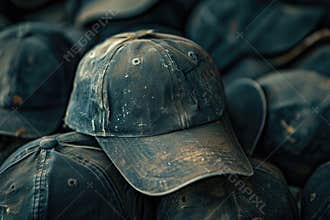 A pile of old worn baseball caps stacked on top of each other. Perfect for sports enthusiasts or nostalgic themes