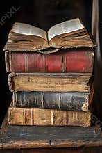 Antique books stacked with one open on top showcasing vintage literature