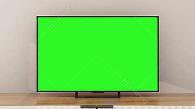 Zoom In on Mockup of Smart TV Display at Home with Green Screen for Chromakey