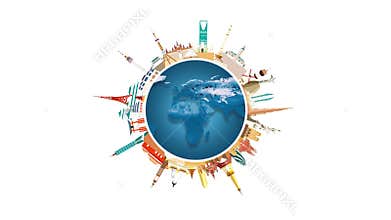 Travel architecture landmarks of the blue world on white background.