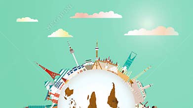 Travel landmarks around the world on green background.