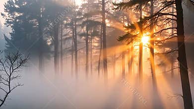 Misty forest sunrise rays, ethereal dawn, morning light, tranquil nature stock footage generative AI