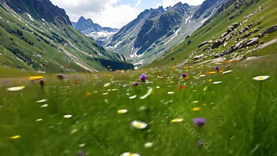 Mountain meadow wildflowers, alpine summer, colorful blossoms, nature beauty stock footage generative AI