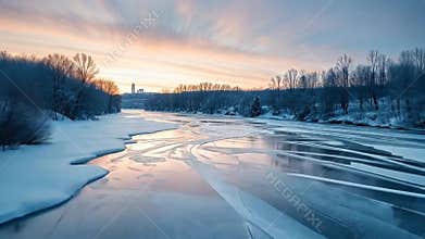 Frozen river winter landscape, snowy banks, cold season, serene nature stock footage generative AI