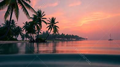 Tropical beach sunset palm trees, island evening, serene scene, vacation end stock footage generative AI