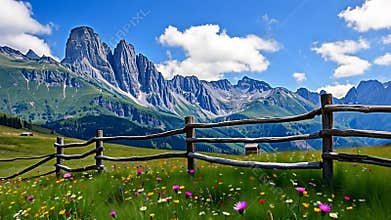Mountain valley with wildflowers, alpine scenery, summer meadow landscape stock footage generative AI