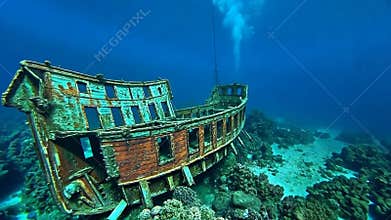 Sunken shipwreck underwater, marine exploration, ocean mystery, history stock footage generative AI