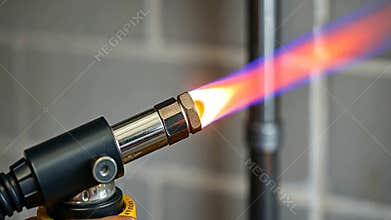 Blowtorch blue flame, industrial tool, metalworking process, precision stock footage generative AI