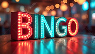 Colorful vivid neon lights spell BINGO word. Red blue bulbs glow on wooden table, reflect in surface. Gambling night fun, casino