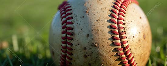 Macro shot of used, dirty leather baseball ball with red stitching resting on green grass baseball field. Close-up of old sport