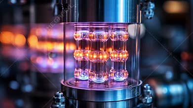 Quantum computing system showcasing qubits in superposition and entanglement states. Generative AI