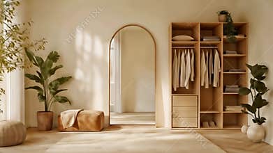 Modern dressing room interior with large arched mirror, wooden shelves and natural light