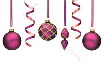 Purple christmas decorations isolated on white