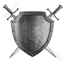 Aged metal knight shield with two crossed swords coat of arms