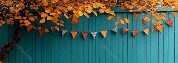 This autumnal image, which includes a tree and bunting, is well-suited for fall-themed designs and social media content