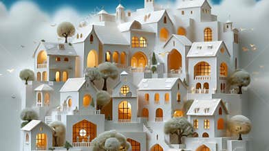 Close up whimsical white village on hill with glowing orange light from windows ai generative