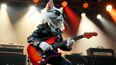 Cool cat in sunglasses and leather jacket playing electric guitar on stage. Funny animal character as rock star performing at