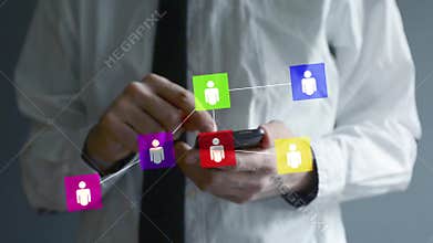 Businessman using smartphone for social networking. Hands scrolling and taping the screen