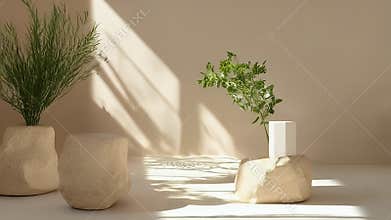 Beige Minimalist Home Decor Video: Greenery in Stone Planters and Soft Sunlight