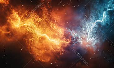 Fiery and icy cosmic nebula, a clash of opposing energies in space