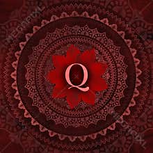 Vintage Red Letter Q in Mandala Floral Pattern Frame