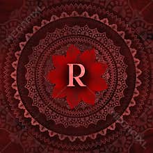 Vintage Red Letter R in Mandala Floral Pattern Frame