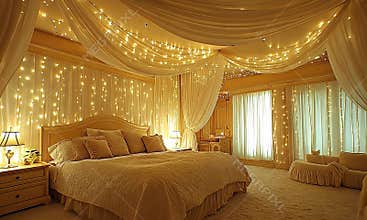 Luxurious bedroom with warm, inviting lighting and draped fabrics