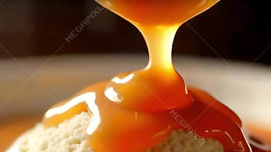 thick caramel sauce being drizzled over a dessert like ice cream or cake.