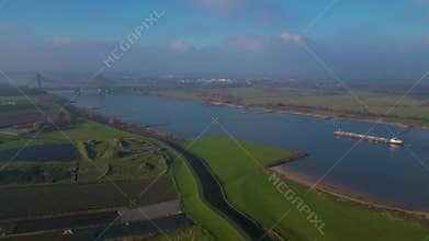 Dutch landscape with rivers and lakes seen from above in sunny spring weather 4k