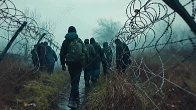 Fence vision: barbed enclosure, limit marker, no-passage trace, migration edge, restriction field, exile sign, perimeter tension,