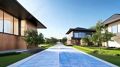 Residential District View with Modern Architecture Abundant Trees and Clear Blue Sky In Broad Daylight Perfect For Real Estate