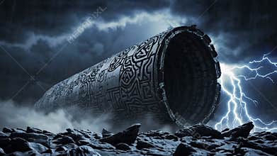 Ancient alien artifact emerging during storm with lightning