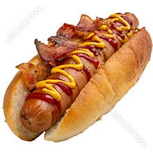Bacon-wrapped hot dog isolation on transparent background.
