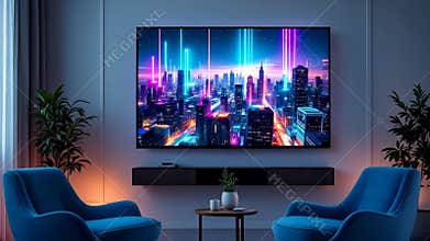 Futuristic Cityscape Displayed on Modern TV in Living Room Urban Digital Art