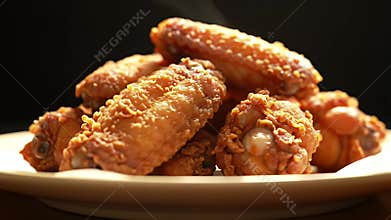 Crispy Fried Chicken Wings on Beige Plate with Steam and Dark Background