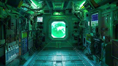 Futuristic Space Station Interior with Earth View ai generative