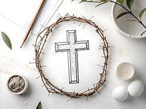 Christian Cross Drawing with Thorns and Eggs on Table