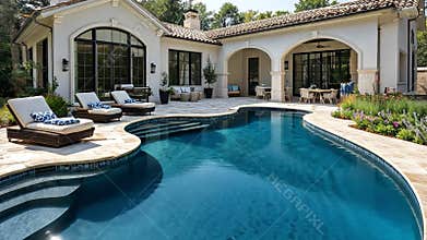 Luxury Outdoor Relaxation Stunning Backyard with Pool, Elegant Loungers, and Beautiful Landscaping for Serene Retreat