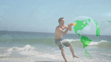 Man running on sand, firing water blaster with world map and green globe overlays for tech