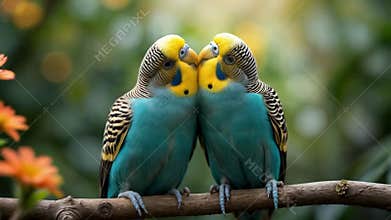 Colorful parrots engaging in gentle interaction on a branch amidst vibrant flower garden