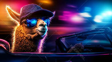 Llama wearing sunglasses and baseball cap driving convertible car at night with neon lights. A cool concept for animal and humor