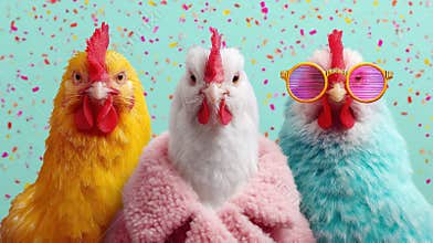 Three uniquely colored chickens, one wearing stylish glasses, pose with confetti on the teal backdrop.