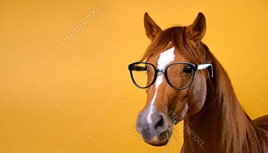 A beautiful horse with glasses in a light blue studio wallpaper background