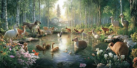 animals gather near lake in serene forest, harmony theme