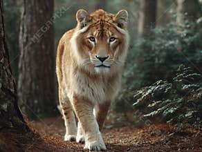 A golden lion, thick maned, walking through a forest with fallen trees and lush greenery under midday lighting - AI