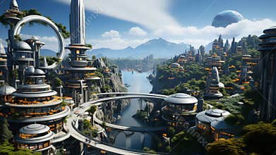 Timelapse Futuristic Cityscape Overlooking a Serene River Valley . AI Generative