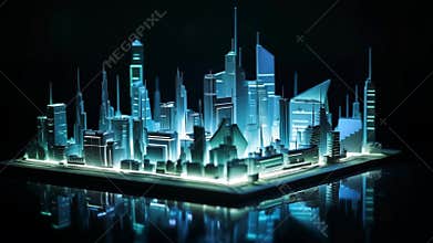 Glowing rotated Futuristic Neon Cityscape model AI Generative