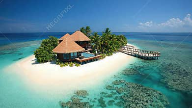 Tropical Bungalow surrounded by Palm Trees and Turquoise Waters, Top View