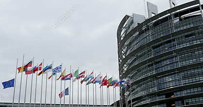 UE and French flag flies half-mast at the European Parliament
