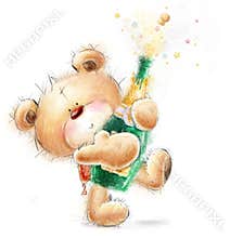 Cute Teddy Bear with the bottle of close -up champagne.Party invitation.Happy Birthday greeting card.